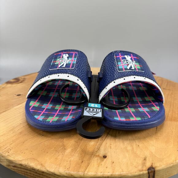 Reef Mulligan Slides Scottish Waters 2 Men's Size 12 Limited Blue Plaid NWT - Picture 2 of 7